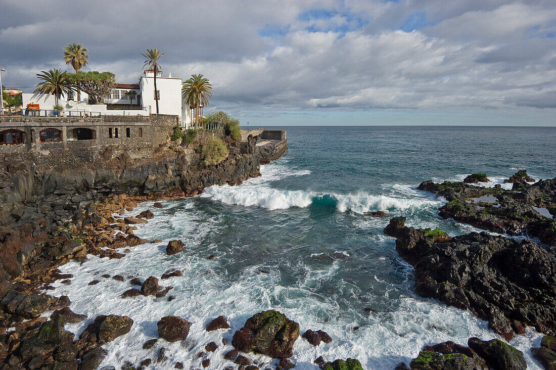 Historic town house and volcanic coast, Puerto de la Cruz, Tenerife, Canary Islands, Spain, Europe