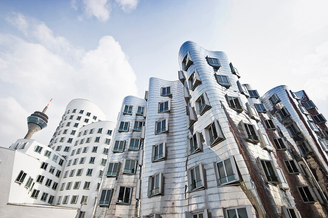 Television tower and buildings designed by Frank Gehry, Duesseldorf, North Rhine-Westphalia, Germany, Europe