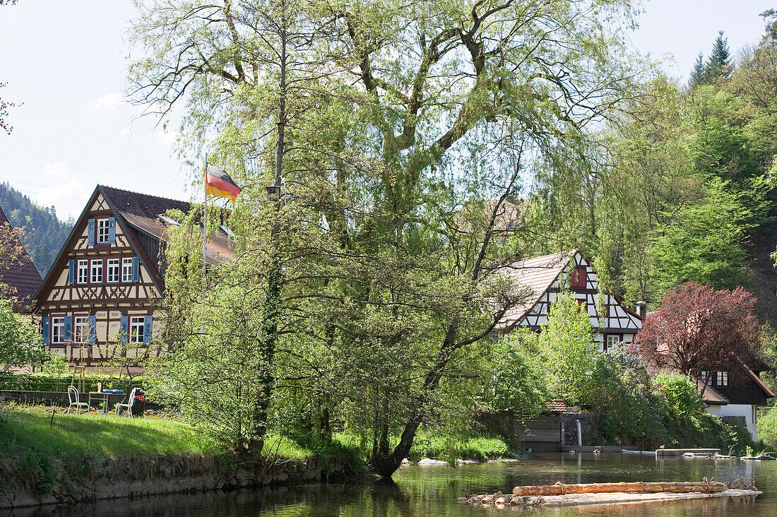 Fachwerkhäuser am Ufer der Schiltach, Schiltach, südlich von Freudenstadt, Schwarzwald, Baden-Württemberg, Deutschland, Europa