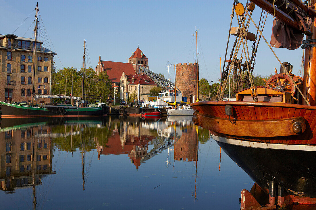 Museum port with church in the background, Greifswald, Mecklenburg-Vorpommern, Germany