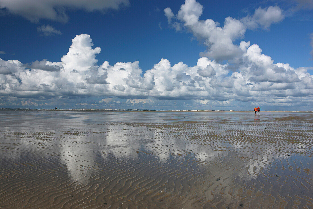 Reflection of sea and clouds in water, Spiekeroog Island, Lower Saxon Wadden Sea National Park, Lower Saxony, Deutschland