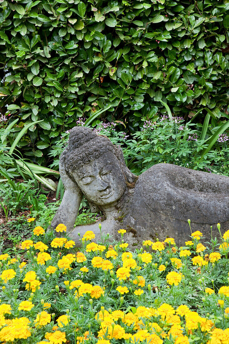 Lying Buddha statue at Andre Hellers' Garden, Giardino Botanico, Gardone Riviera, Lake Garda, Lombardy, Italy, Europe