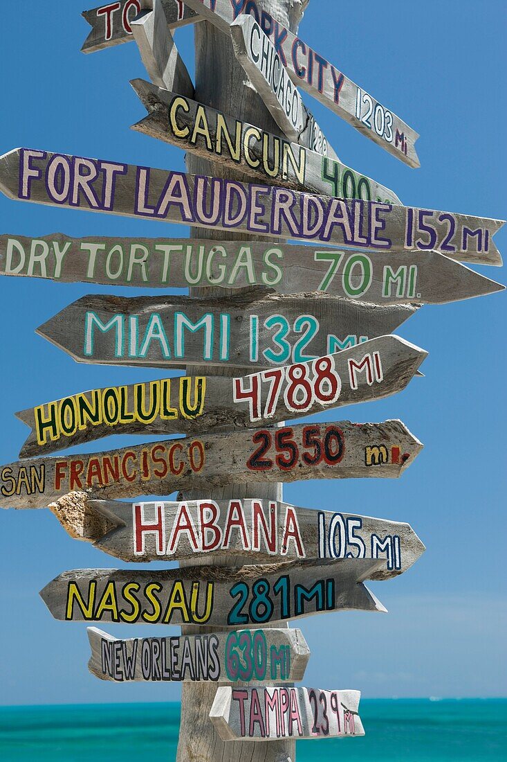 MULTI CITY AMERICAN DESTINATION SIGNPOST FORT ZACHARY TAYLOR STATE PARK BEACH KEY WEST FLORIDA USA