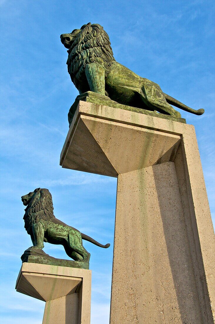 Bronze lions along Ebre river, Zaragossa, Aragon ,Spain