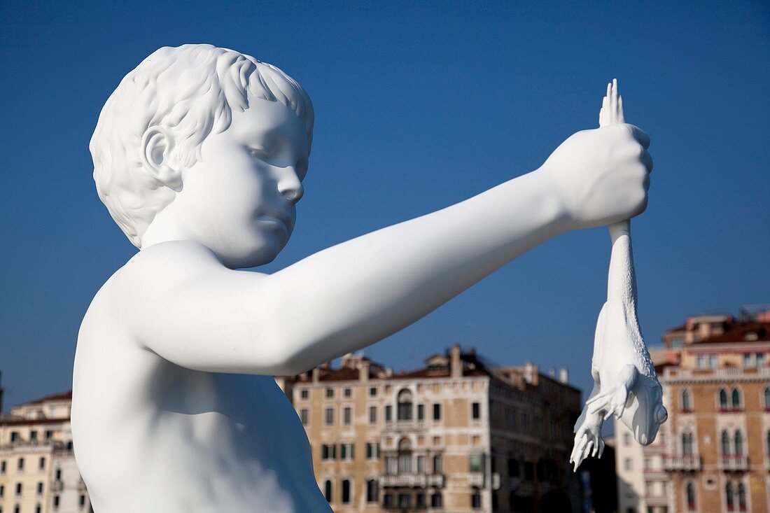 Charles Ray boy with frog sculpture, Punta della Dogana, Venice, Italy