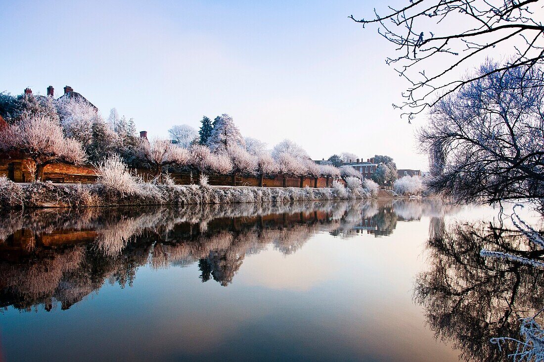 A still frosty river Severn at Worcester, England
