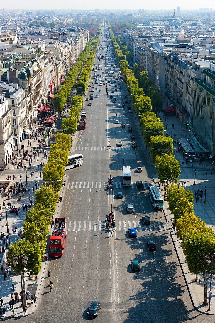 View from the Arc de Triomphe over the Avenues des Champs-Elysees, Paris, France, Europe