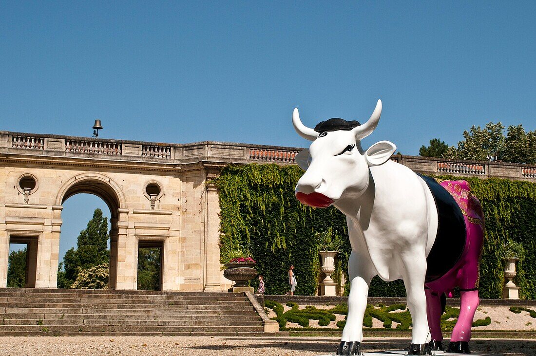 Painted sculpture of a cow in the Jardin Public, Bordeaux, France