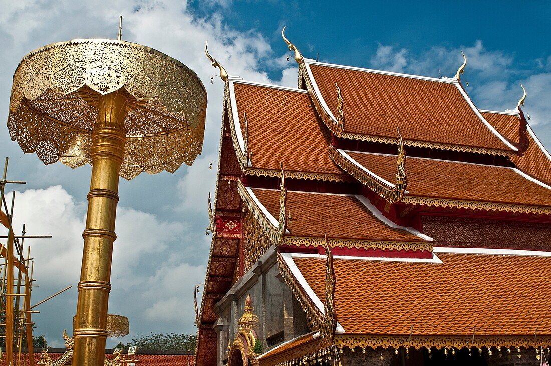 Temple roof and Ceremonial Umbrella, Wat Phra That Doi Suthep, Chiang Mai, Thailand
