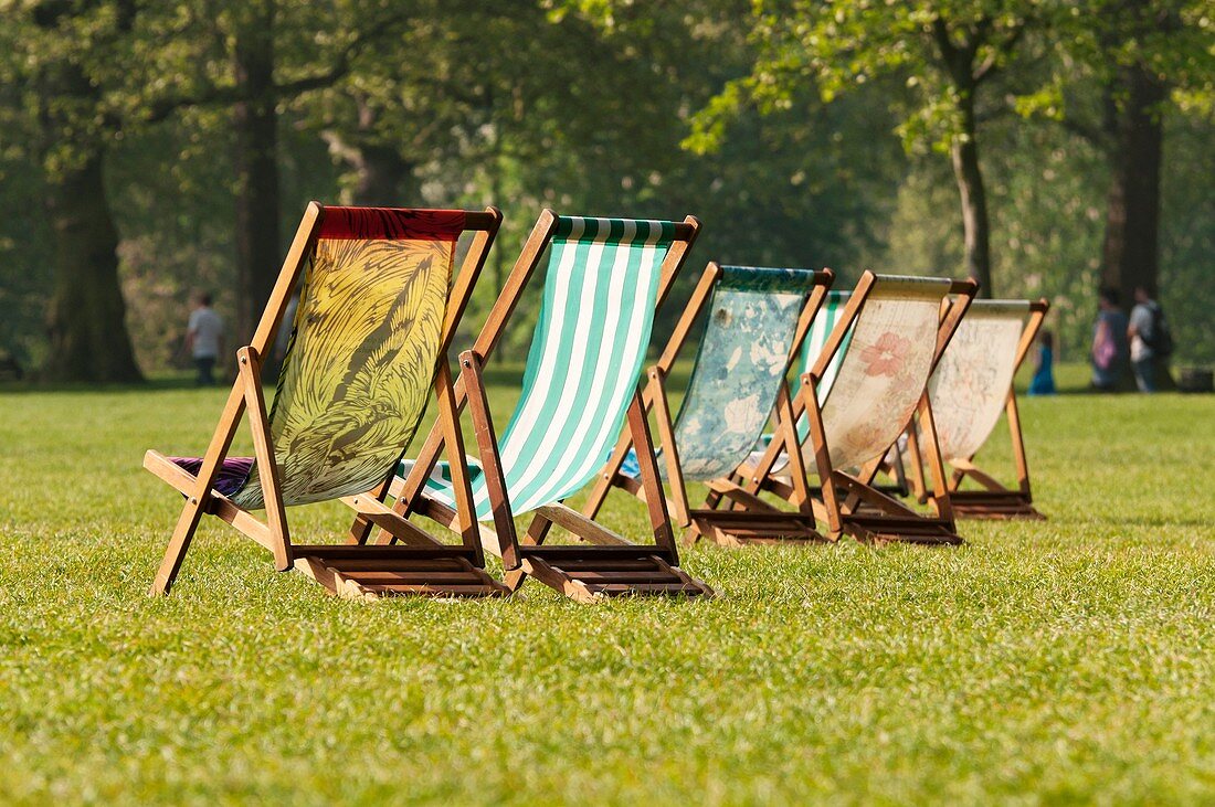 Deck Chairs in Green Park in the Morning, London, UK