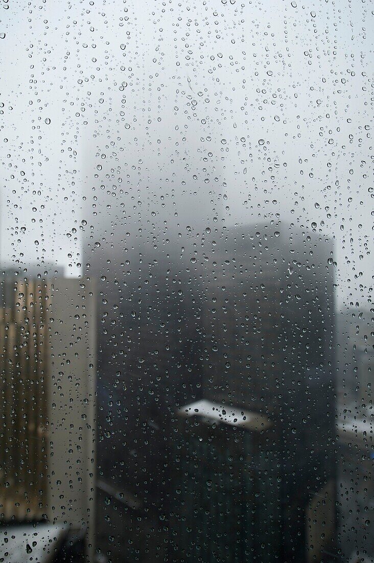 Downtown Toronto view  Rainy weahter  Rain drops on the window