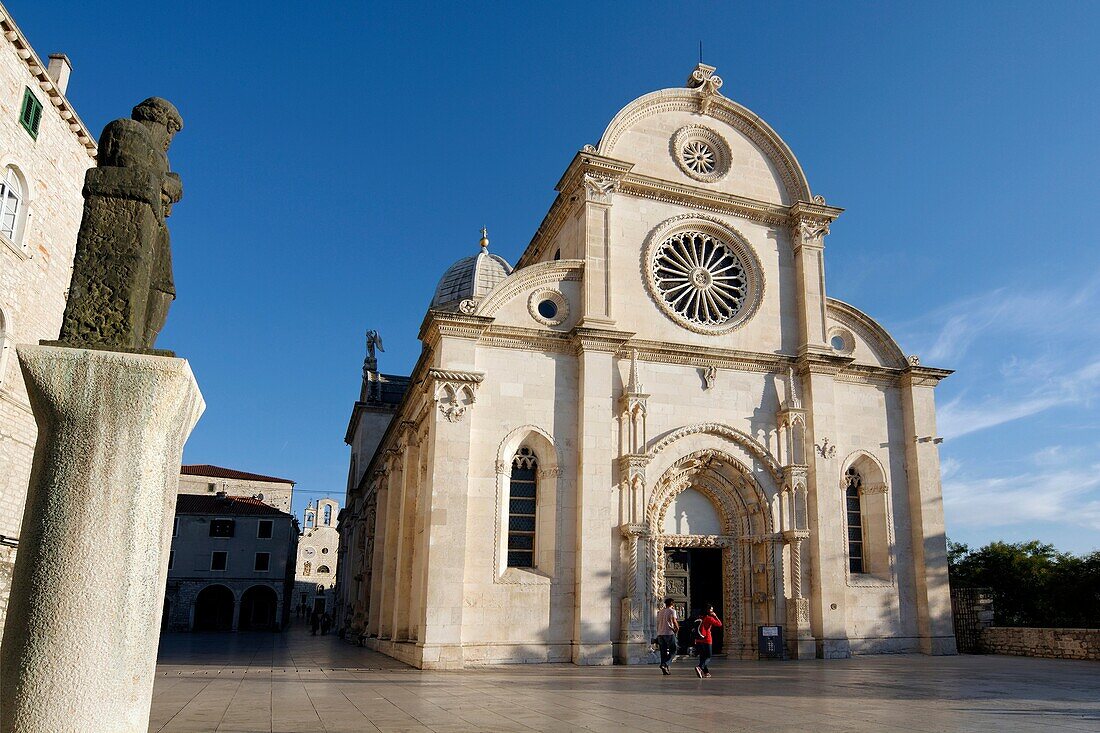 Statue of Jurai Dalmatinak by Cathedral of St Jacob, Sibenik, Croatia