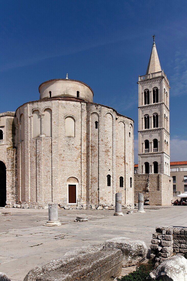 Circular St Donat´s Church and the Bell tower of Zadar Cathedral on the old Roman Forum, Zadar, Dalmatia, Croatia
