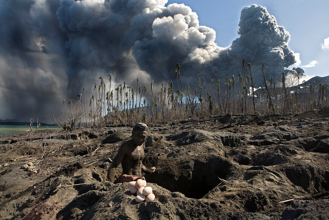 The only source of income for the people on Matupit island are the eggs from the Megapode bird, a small bird that lays massive eggs in the hot volcanic ash and trusts the volcano to incubate them. One egg costs 2 Kina, 50 Euro cent, on the market. Tavurvu