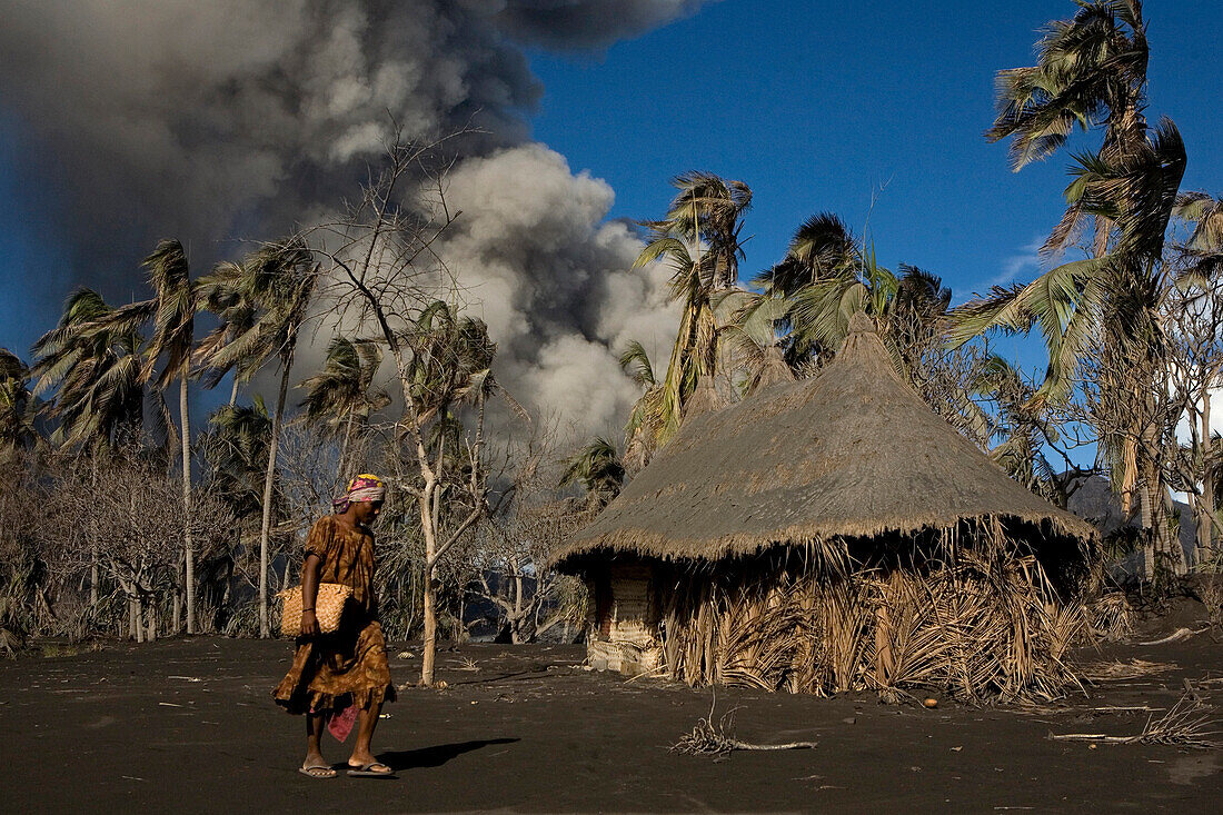 Daily life on Matupit Island has become very difficult due to constant ash fall, Tavurvur Volcano, Rabaul, East New Britain, Papua New Guinea, Pacific