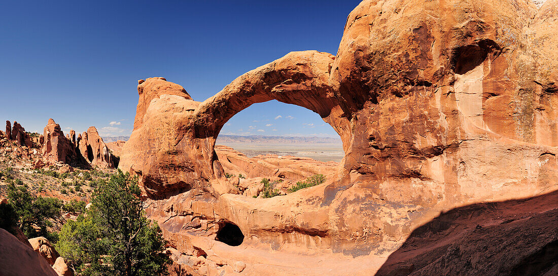 Panorama von Double O Arch, Arches Nationalpark, Moab, Utah, Südwesten, USA, Amerika