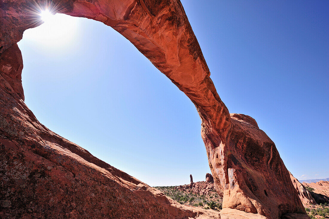 Double O Arch in the sunlight, Arches National Park, Moab, Utah, Southwest, USA, America