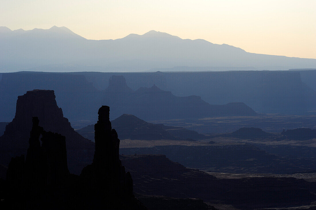 Backdrop scenery with rock spires at Mesa Arch, Island in the Sky, Canyonlands National Park, Moab, Utah, Southwest, USA, America