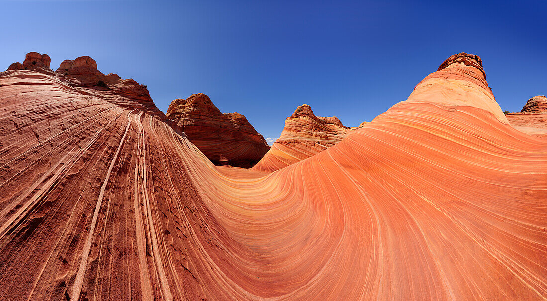 Panorama von roter Sandsteinformation, The Wave, Coyote Buttes, Paria Canyon, Vermilion Cliffs National Monument, Arizona, Südwesten, USA, Amerika