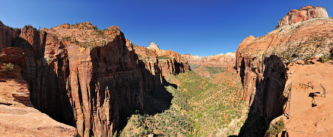 Panorama of Canyon Overlook with Bridge Mountain, West Temple, Altar of Sacrifice, Streaked Wall and Sentinel, Zion National Park, Utah, Southwest, USA, America
