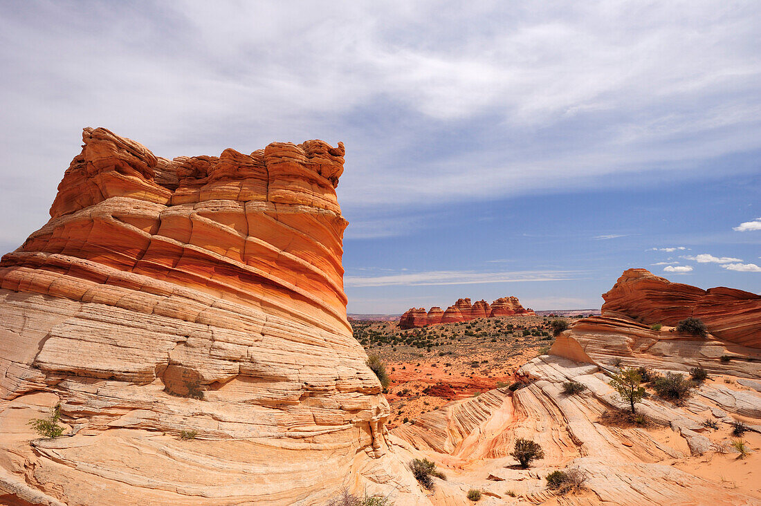 Rote Sandsteinformationen unter Wolkenhimmel, Coyote Buttes, Paria Canyon, Vermilion Cliffs National Monument, Arizona, Südwesten, USA, Amerika