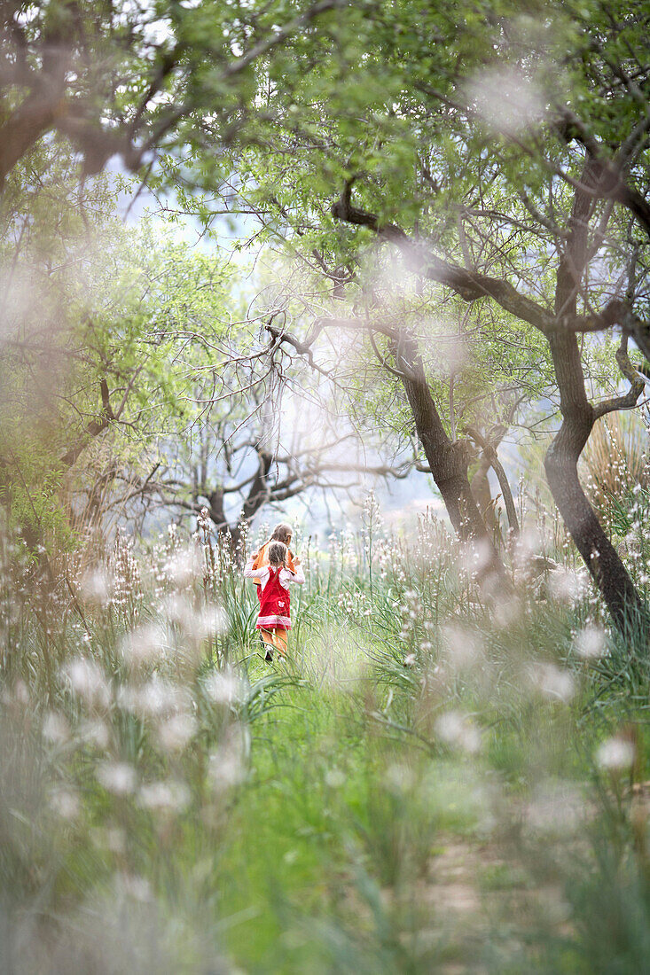 Girls in flower meadow, Esporles, Majorca, Balearic Islands, Spain