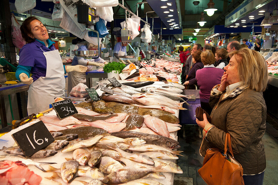 Fresh sea-food, Mercat Olivar, market hall, center of Palma, Palma de Mallorca, Mallorca, Spain