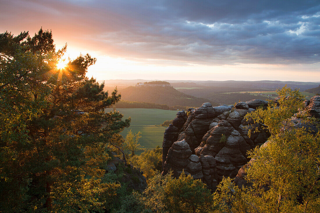 Blick vom Pfaffenstein zur Festung Königstein bei Sonnenuntergang, Nationalpark Sächsische Schweiz, Elbsandsteingebirge, Sachsen, Deutschland, Europa