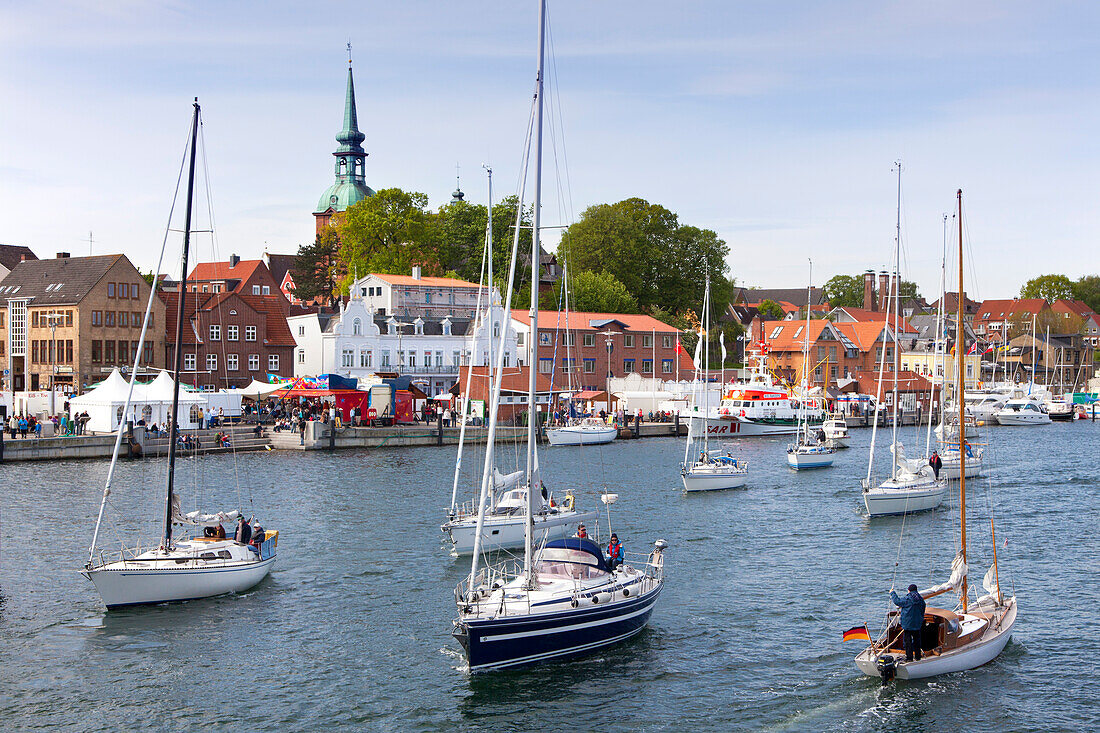 Sailing boats at harbour, Kappeln, Schlei fjord, Baltic Sea, Schleswig-Holstein,  Germany, Europe