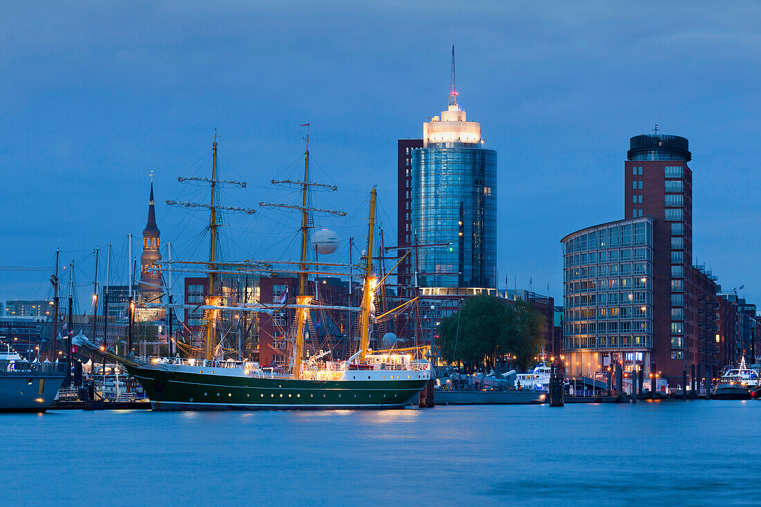 Sailing ship Alexander von Humboldt 2 at harbour in the evening, Hafen City, Hamburg, Germany, Europe