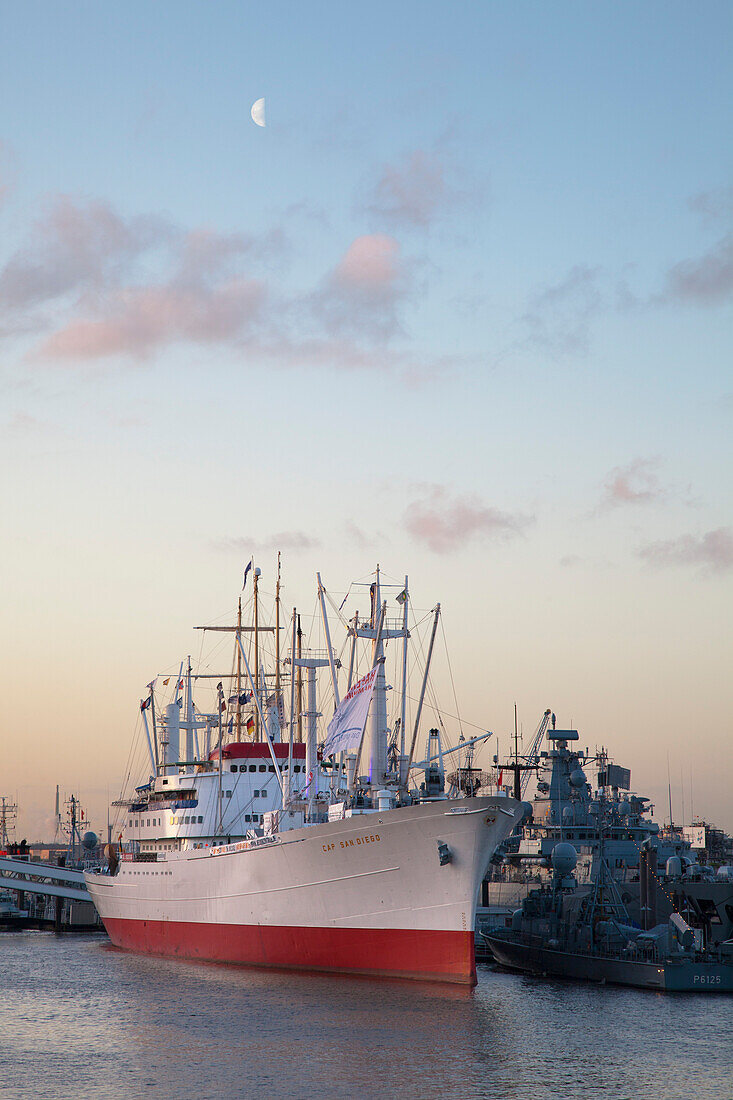 Museum ship Cap San Diego at the harbour at dusk, Hamburg, Germany, Europe