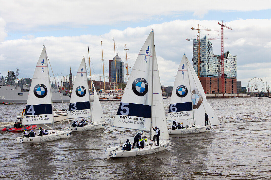 Sailing yachts of BMW Sailing Cup in front of the Elbphilharmonie, Hamburg, Germany, Europe