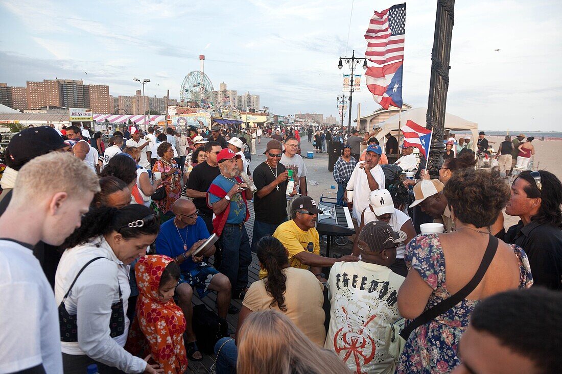 New York - United States, Cuban party on the boardwalk in Coney island beach in summer, people Brooklyn