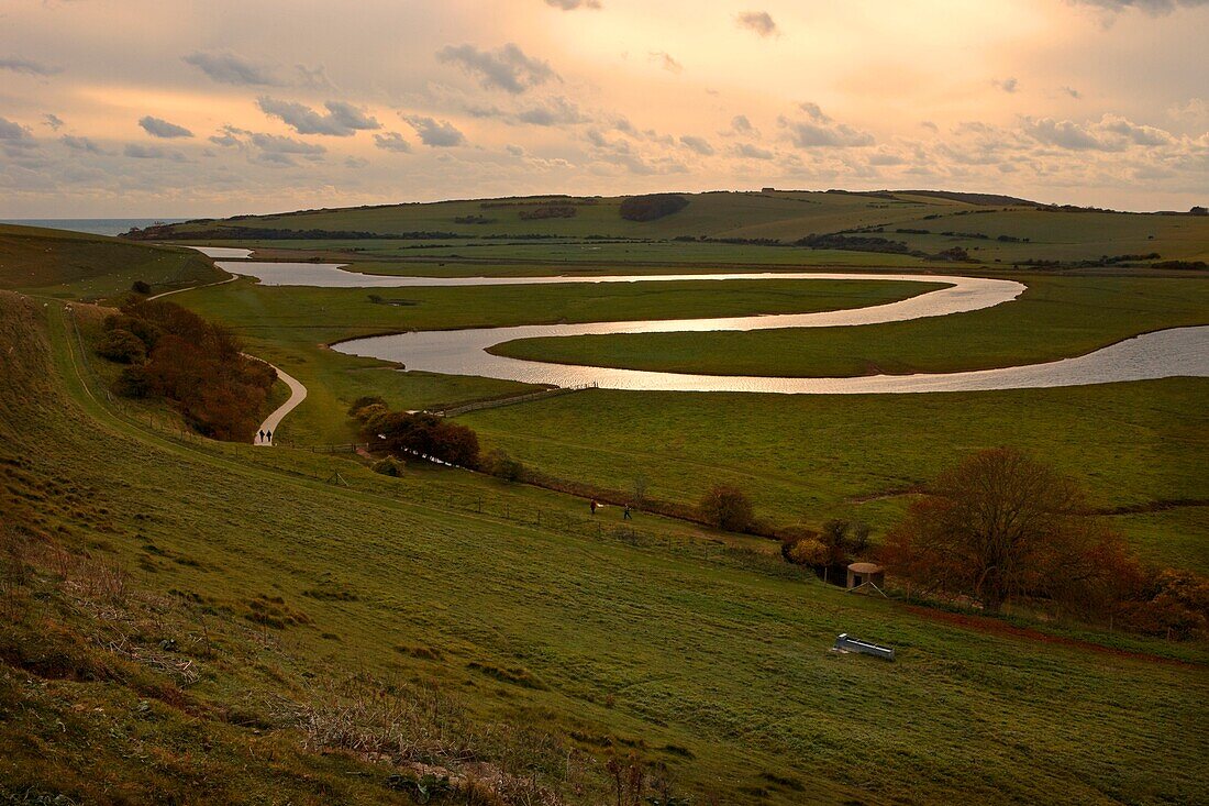 U.K, Sussex, South Downs National Park,river Cuckmere meanders at sunset