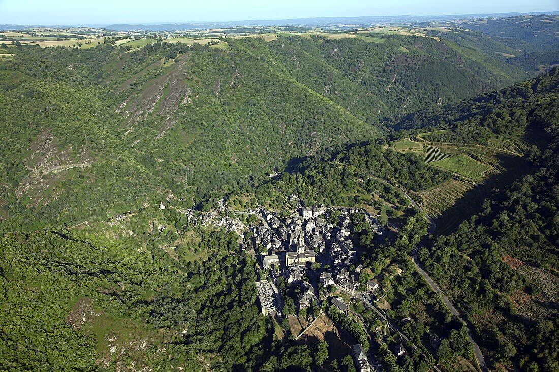 France, Aveyron, Conques Village, Saint James Way, aerial photo