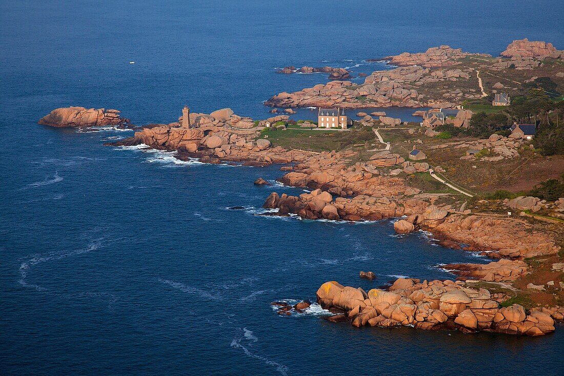 France, Cotes d' Armor, Ploumanach, the lighthouse in Perros Guirec, pink granite coast