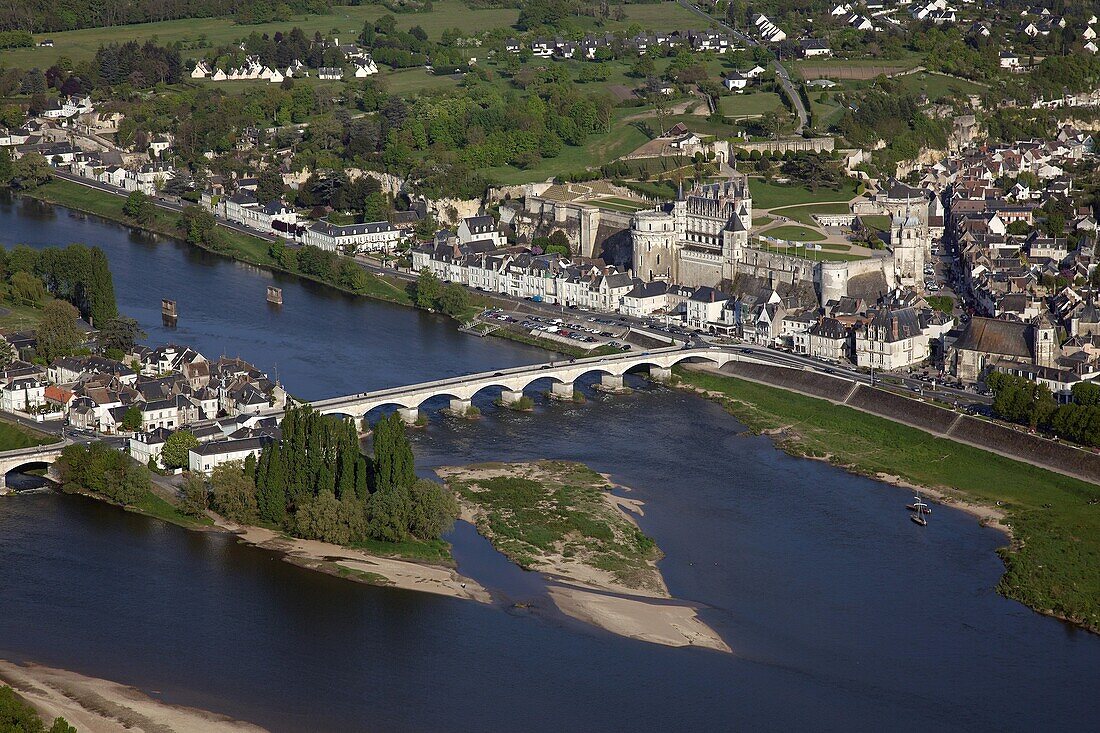 France, Indre-et-Loire, aerial view of the Chateaux de la Loire and the old bridge