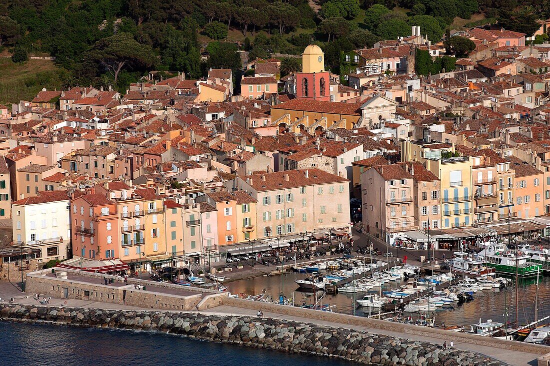 France, French Riviera, Saint Tropez, Aerial view of the old port