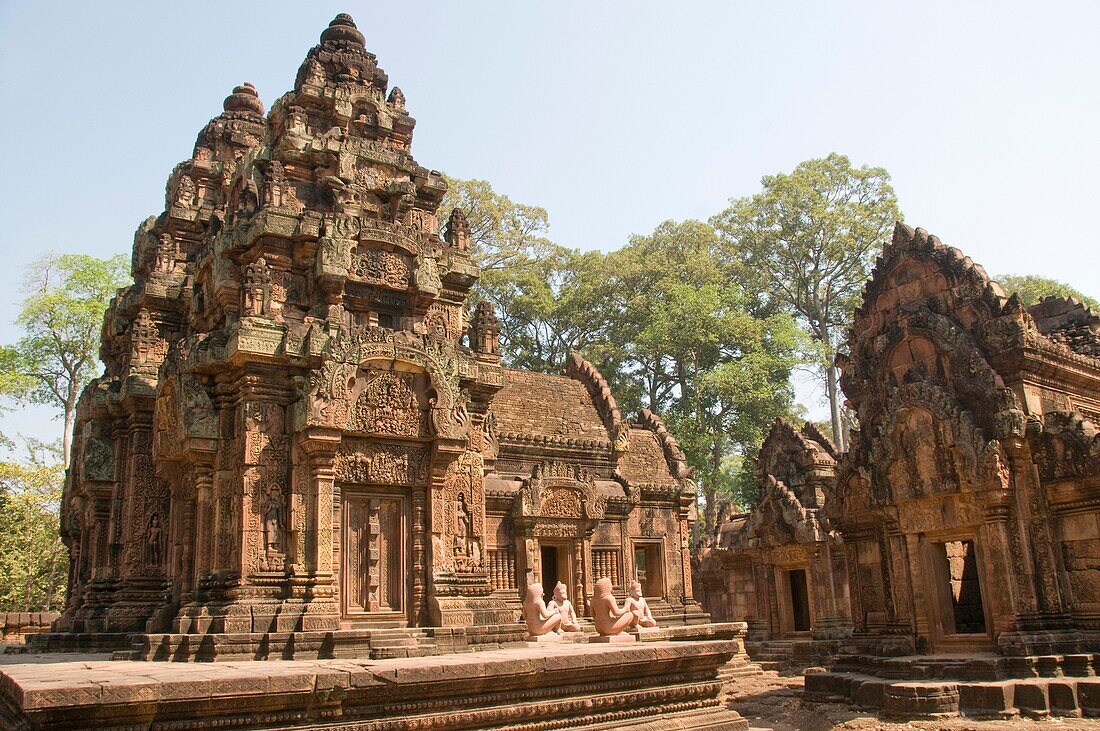 'Asia; Cambodia; Siem Reap; Banteay Srei; temple dedicated to Hindu  god Shiva, 4 statues of Hanuman Hindu monkey god'