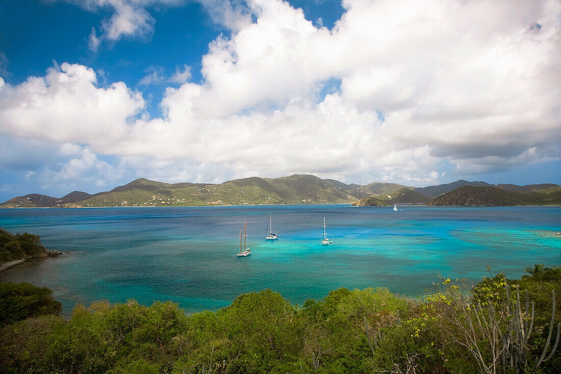Tortola and The British Virgin Islands across the Sir Francis Drake Channel from St John in the US Virgin Islands with the Virgin Islands Coral reef National Monyment in the foreground