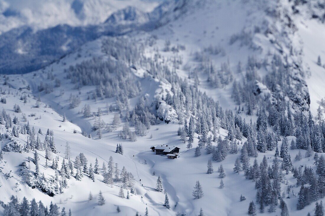 Schneibsteinhaus and Torrener Joch pass 1733m in winter viewed from Jenner, Berchtesgaden national park, Germany