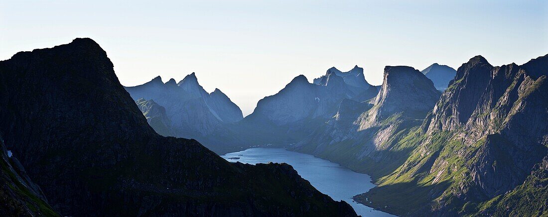 View from Reinebringen over mountains of Moskenesoya, Lofoten islands, Norway