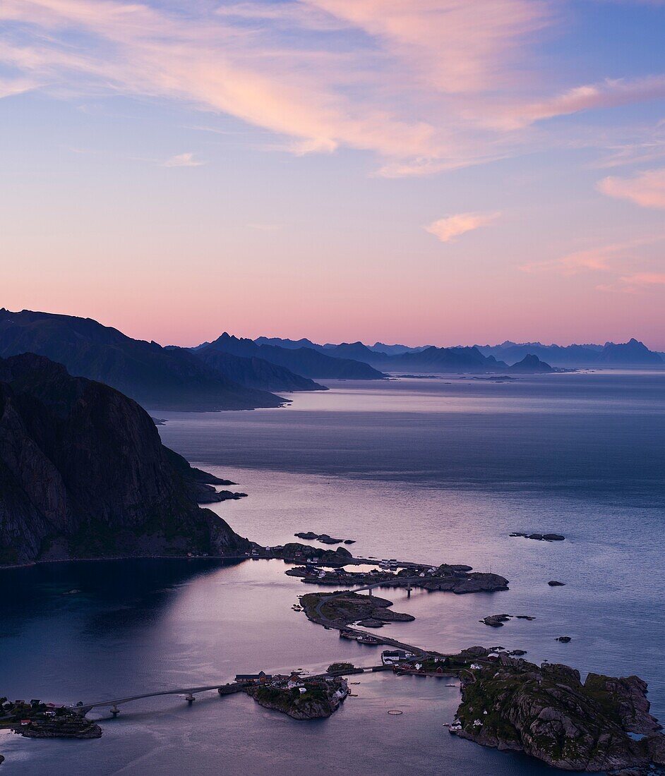 Sunset over Reine and Hamnoy from Reinebringen, Lofoten islands, Norway