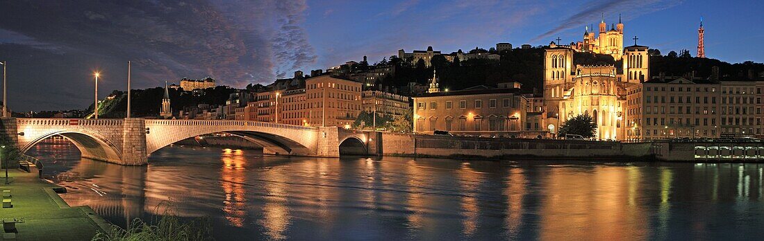 France, Rhône, Lyon, Cathedral Saint Jean and Notre-Dame de Fourviere at River Saône