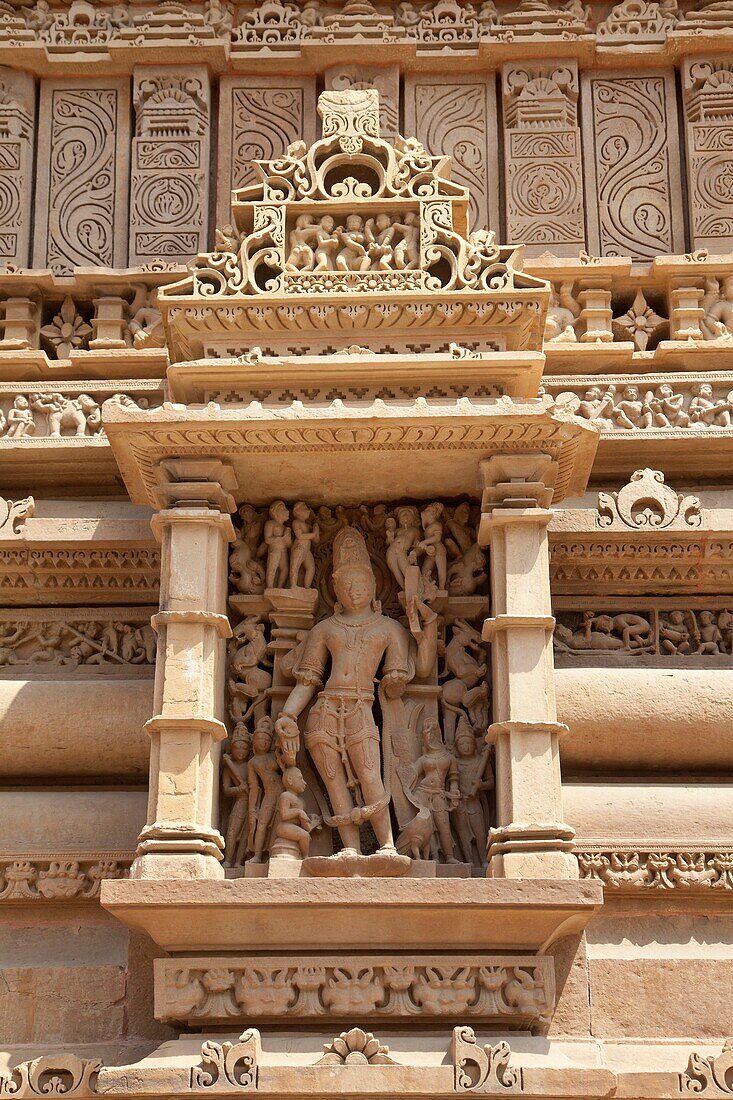 detail of the Lakshmana temple with sculpture, UNESCO World Heritage Site, Khajuraho, Madhya Pradesh, India