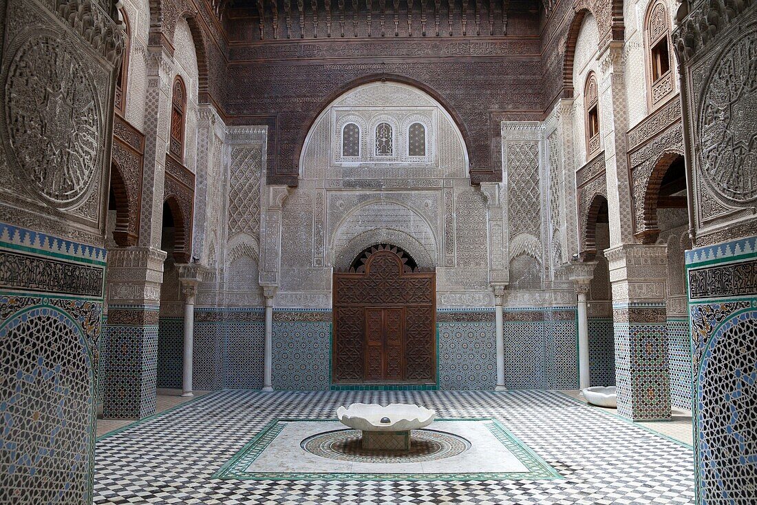 courtyard of Medersa Attarine with fountain, Fes El Bali, Fes, Morocco