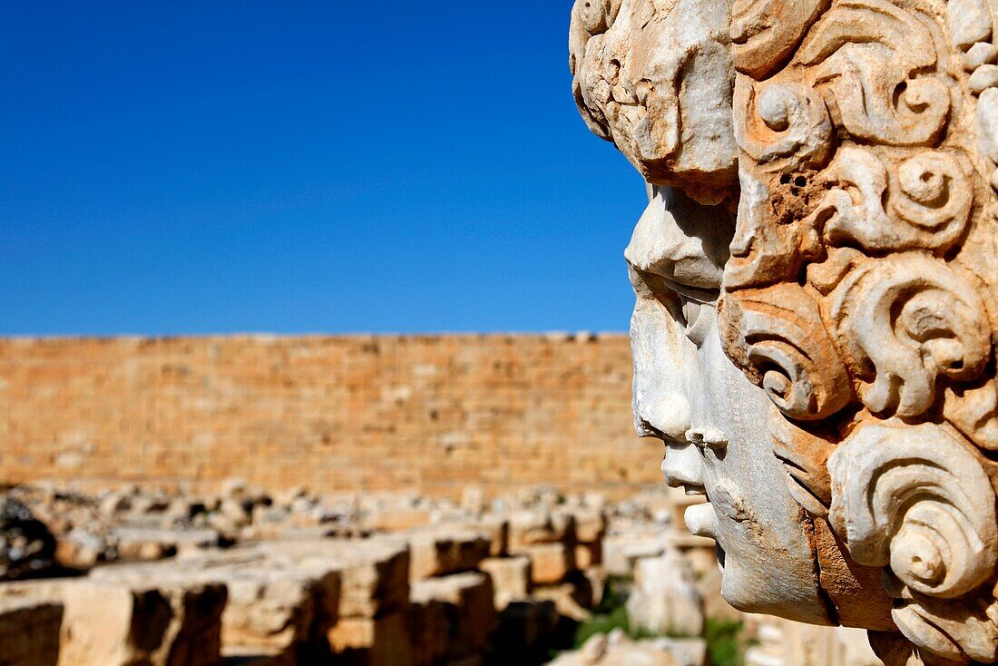 Sculpted Medusa head at the Forum of Severus, Leptis Magna, Libya