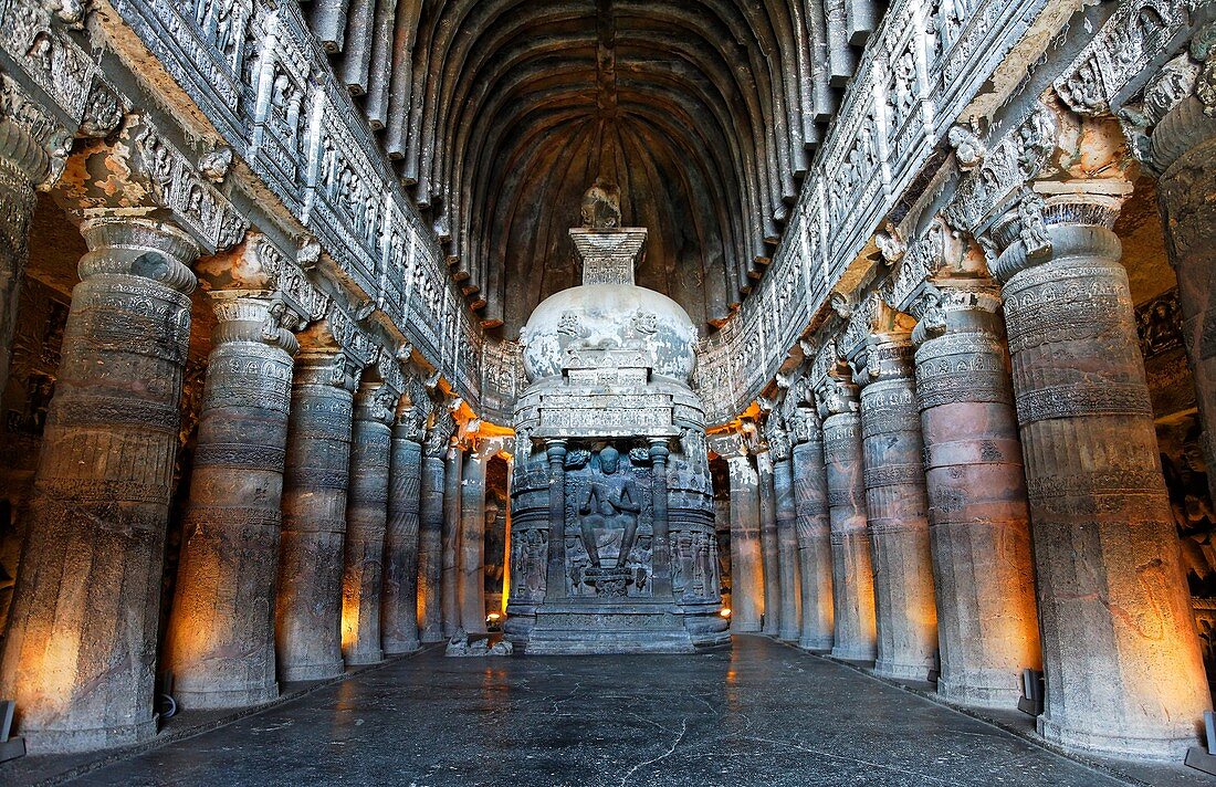 Sculpted cave interior, Ajanta Caves, Maharashtra state, India