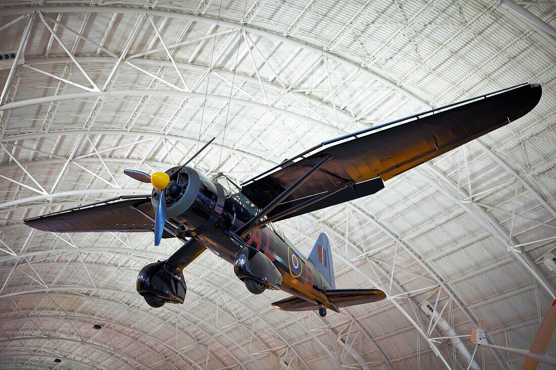 The Westland Lysander IIIA World War II spy plane, designed to land and take off from pastures, fields, and even clearings in the forest to insert secret agents deep into enemy territory, in the Udvar-Hazy Center, Chantilly, Virginia