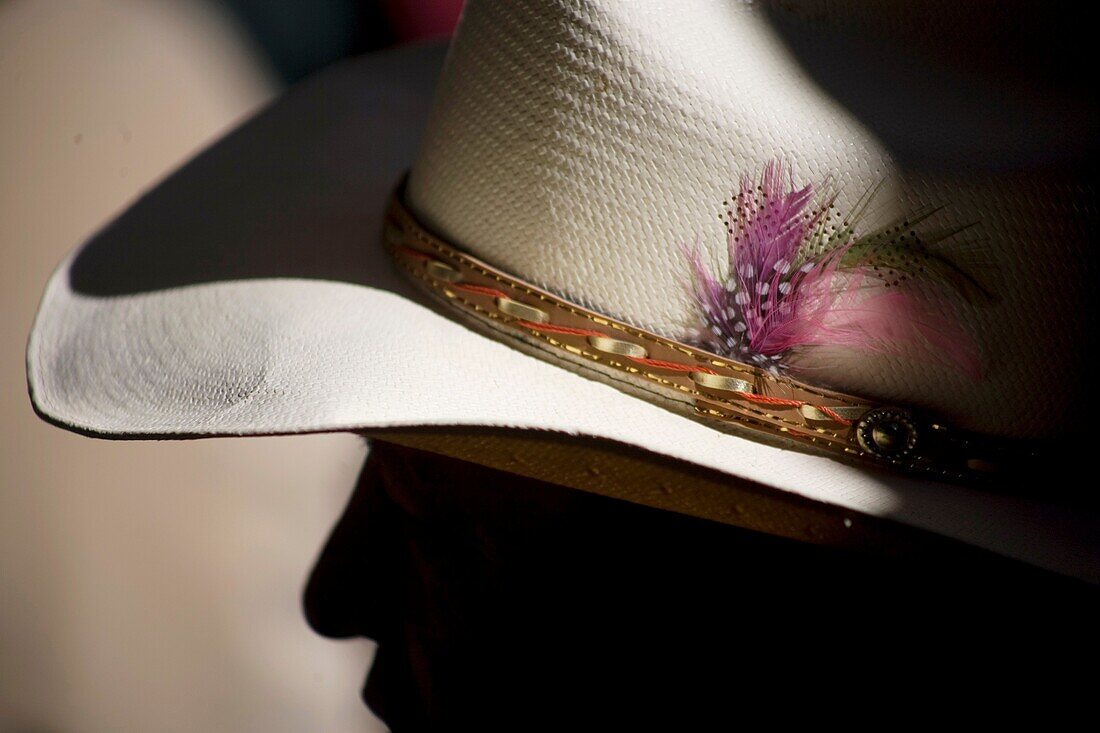 Feathers decorate a cowboy hat of a spectator at the National Charro Championship in Pachuca, Hidalgo State, Mexico. Escaramuzas are similar to US rodeos, where female competitors called ´Amazonas´ wear long skirts, and ride side saddle Male rodeo competi